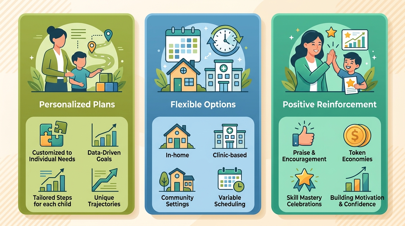 Infographic showing three key benefits of ABA therapy for Athens families: personalized treatment plans, flexible service options, and positive reinforcement.