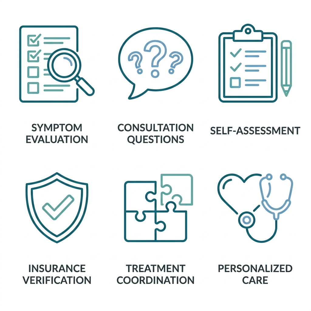 Set of six outline icons with labels illustrating best practices for mental health treatment selection: symptom evaluation, consultation questions, self-assessment, insurance verification, treatment coordination, and personalized care.