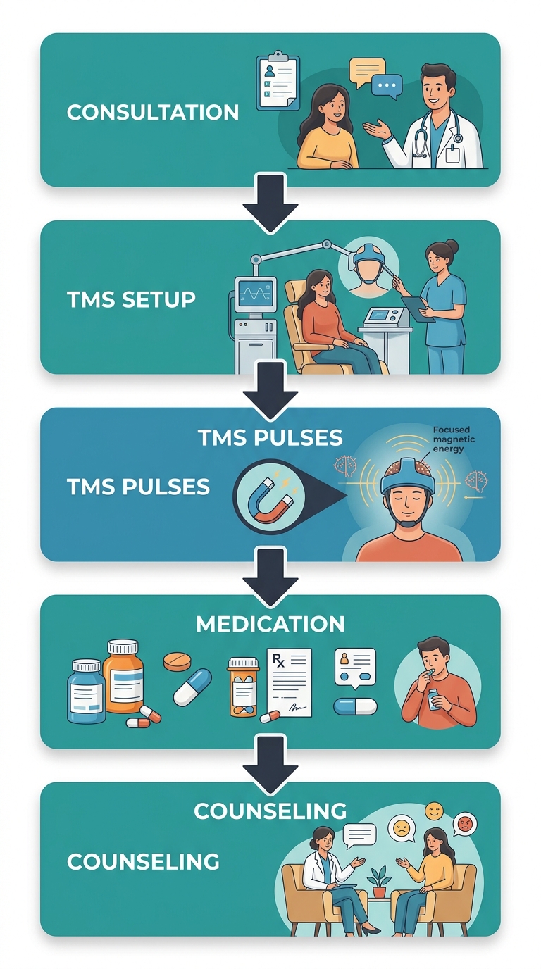 Vertical process flow diagram showing five steps of TMS therapy and mental health treatment with warm blue and teal gradient