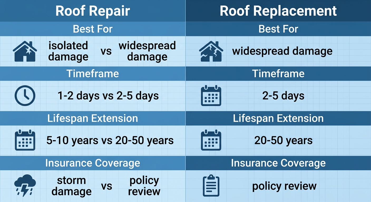 Infographic comparing roof repair and roof replacement with key decision factors