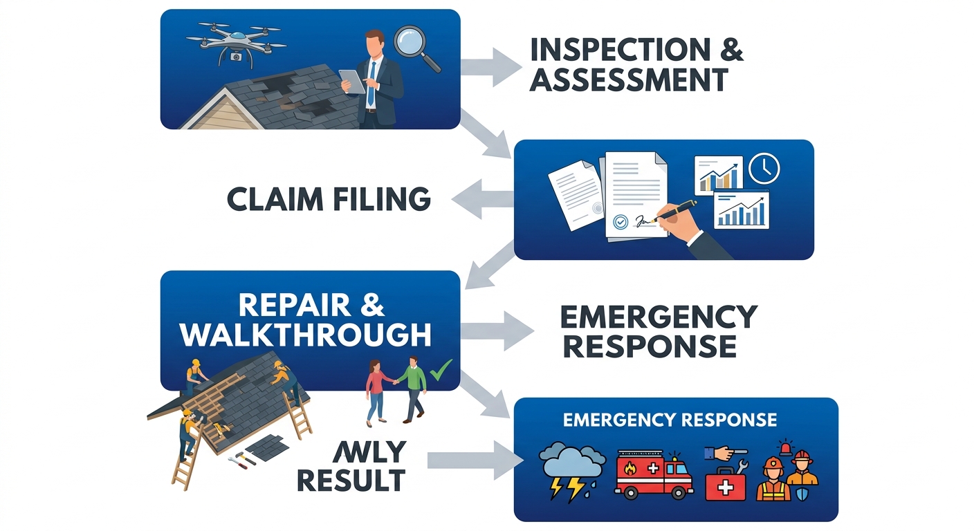 Four-step roof repair process flow diagram