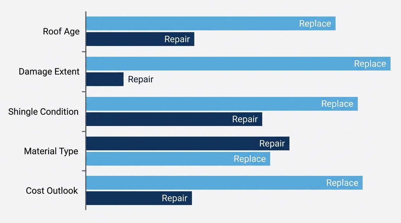 Horizontal bar chart comparing roof repair and replacement options based on roof age, damage extent, shingle condition, material type, and cost outlook.