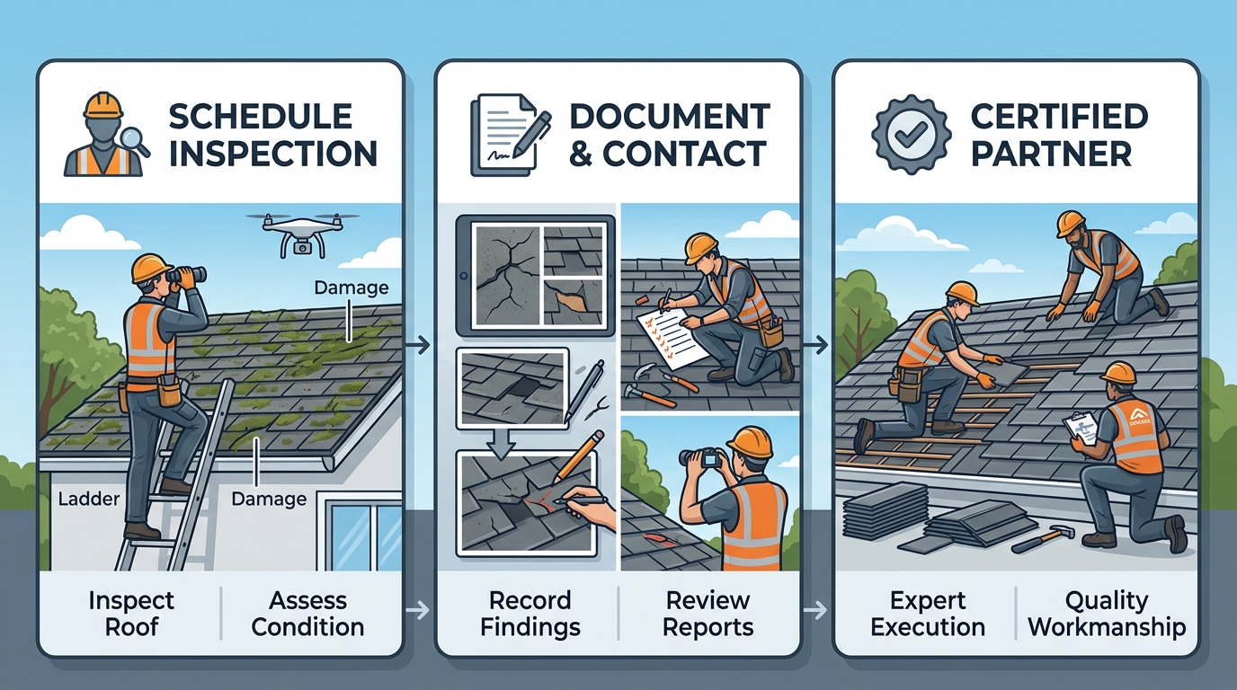 A three-step horizontal process flow showing the steps for roof restoration: schedule inspection, document damage and contact insurer, and partner with a certified roofer.