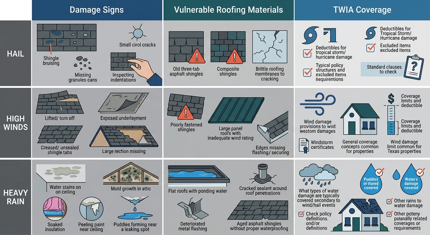 Visual comparison chart of storm damage types, vulnerable roofing materials, and Texas insurance coverage likelihood