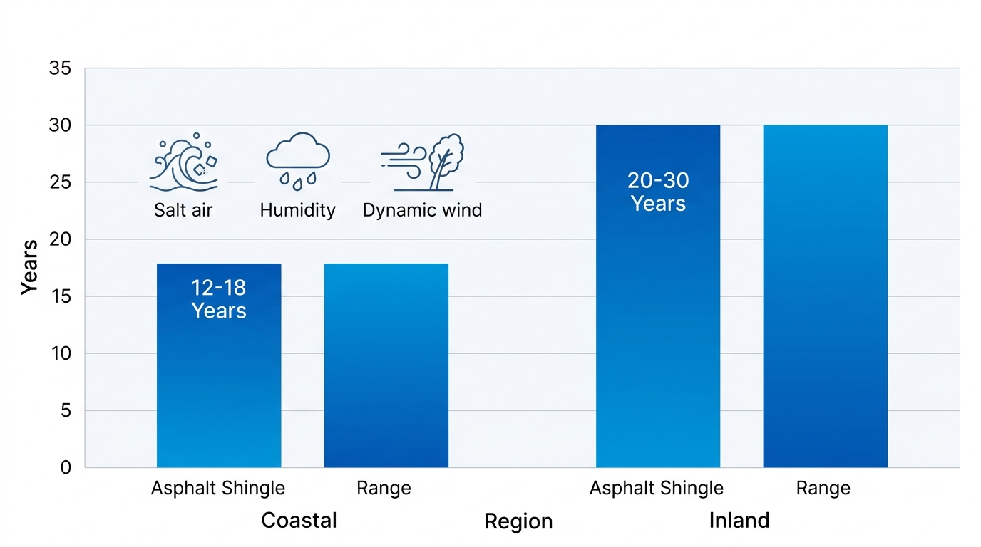 Bar chart comparing roof lifespan: Portland coastal area 12-18 years vs inland Texas 20-30 years for asphalt shingles, with icons for salt air, humidity, wind.