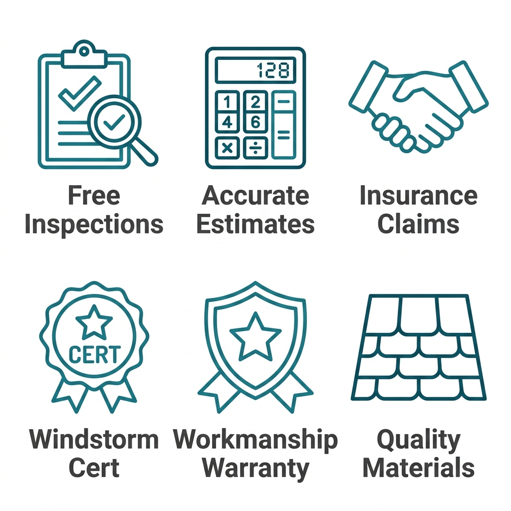 Set of six icons representing roofing services: free inspections, accurate estimates, insurance claims, windstorm certification, workmanship warranty, and high-quality materials