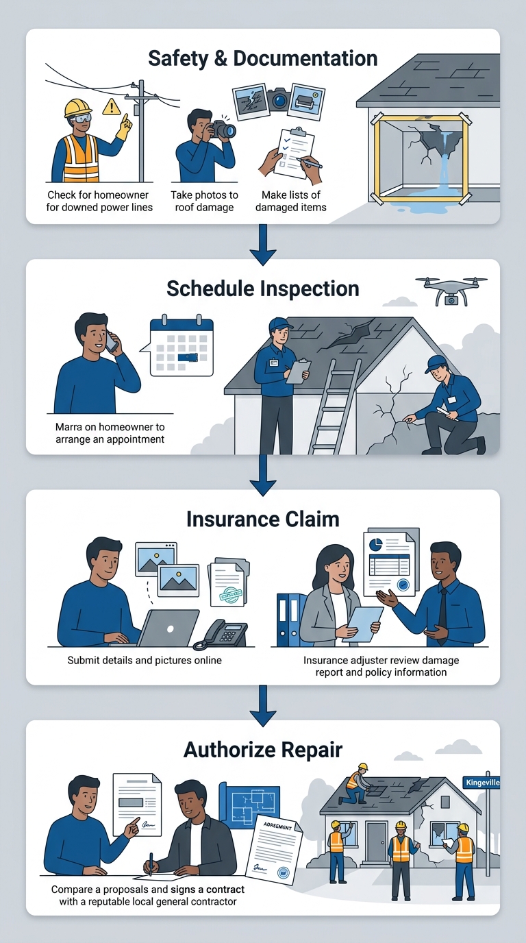 Four-step vertical process diagram guiding Kingsville homeowners through safety and documentation, professional inspection, insurance claim navigation, and repair authorization after storm damage.