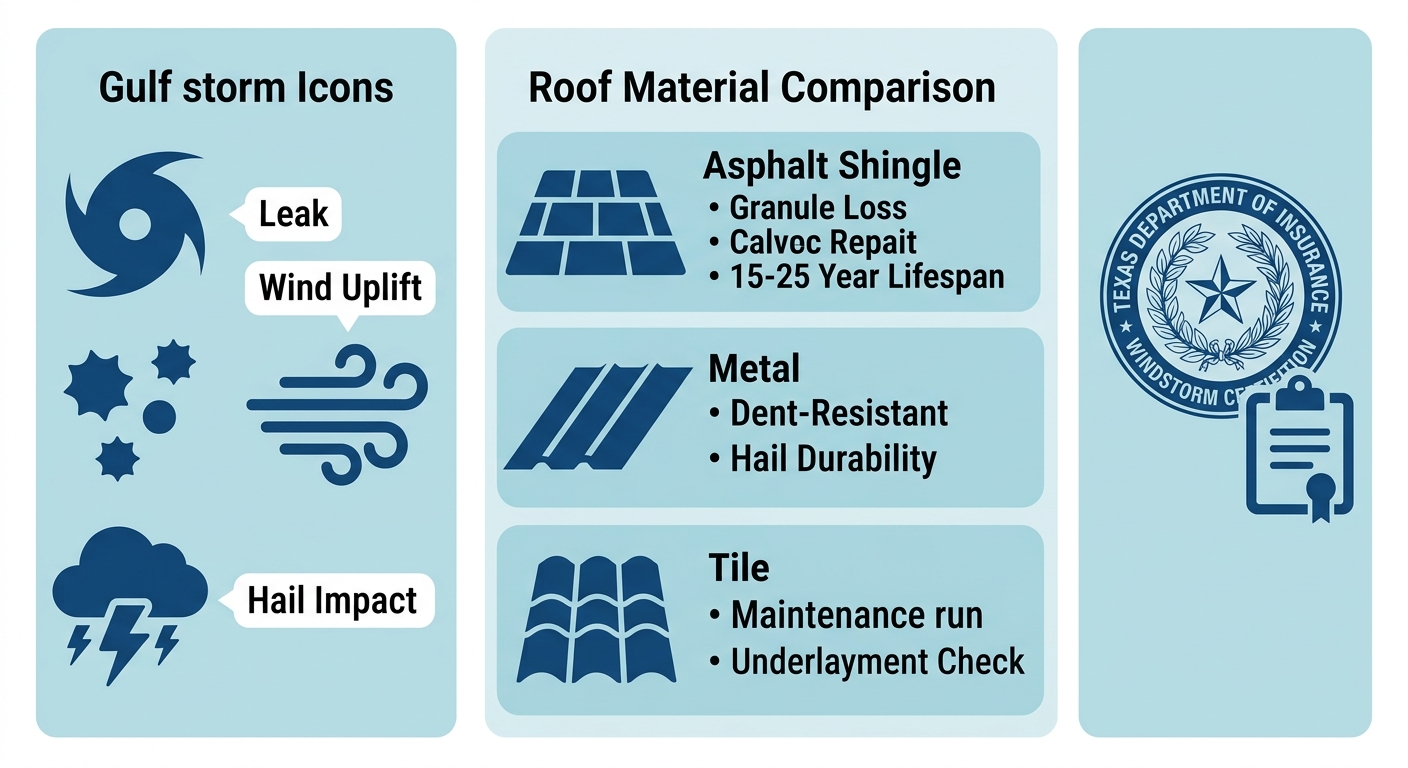 Infographic showing Gulf storm threats, roof material durability comparison, and windstorm certification badge for Kingsville homeowners.