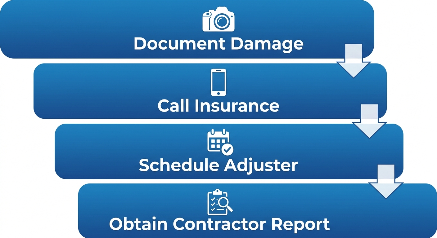 Four-step process diagram for filing a roof insurance claim in Victoria, TX, showing steps: Document Damage, Call Insurance, Schedule Adjuster, and Obtain Contractor Report with icons and downward arrows