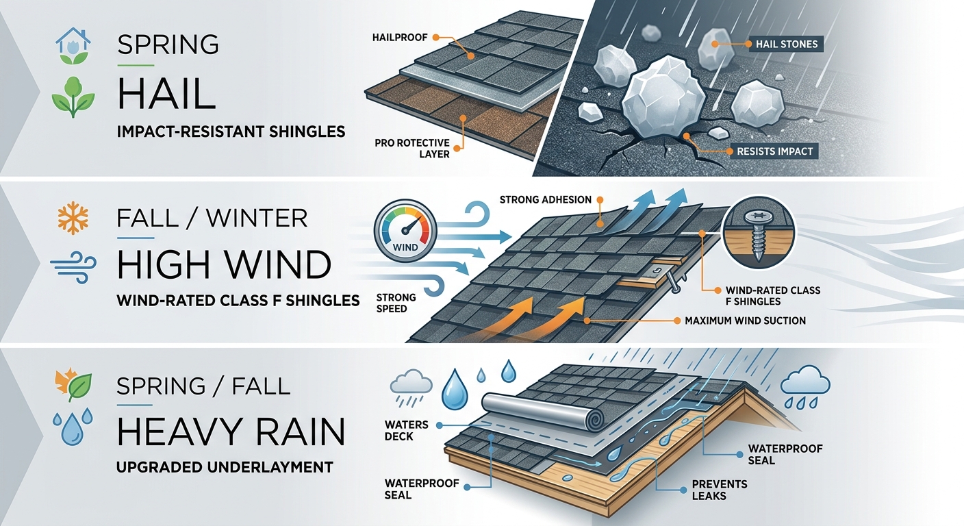 Data visualization table showing three storm types (hail, high wind, heavy rain) with common seasons, typical damage signs, and recommended roofing materials.