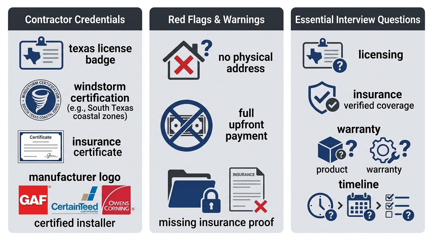 Infographic with three columns for evaluating roofing contractors: Credentials with icons for license, windstorm certification, insurance, and manufacturer logos; Red Flags with warning icons for no address, upfront payment, and missing insurance; Questions to Ask with numbered items, using blue and gray color scheme.