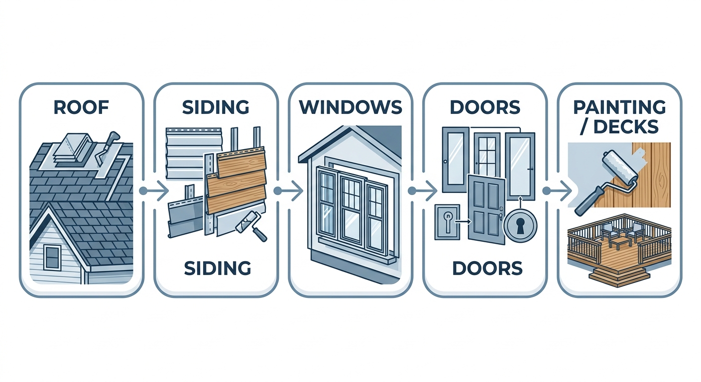 Process flow diagram of exterior renovation sequence: Roof, Siding, Windows, Doors, Painting/Decks.