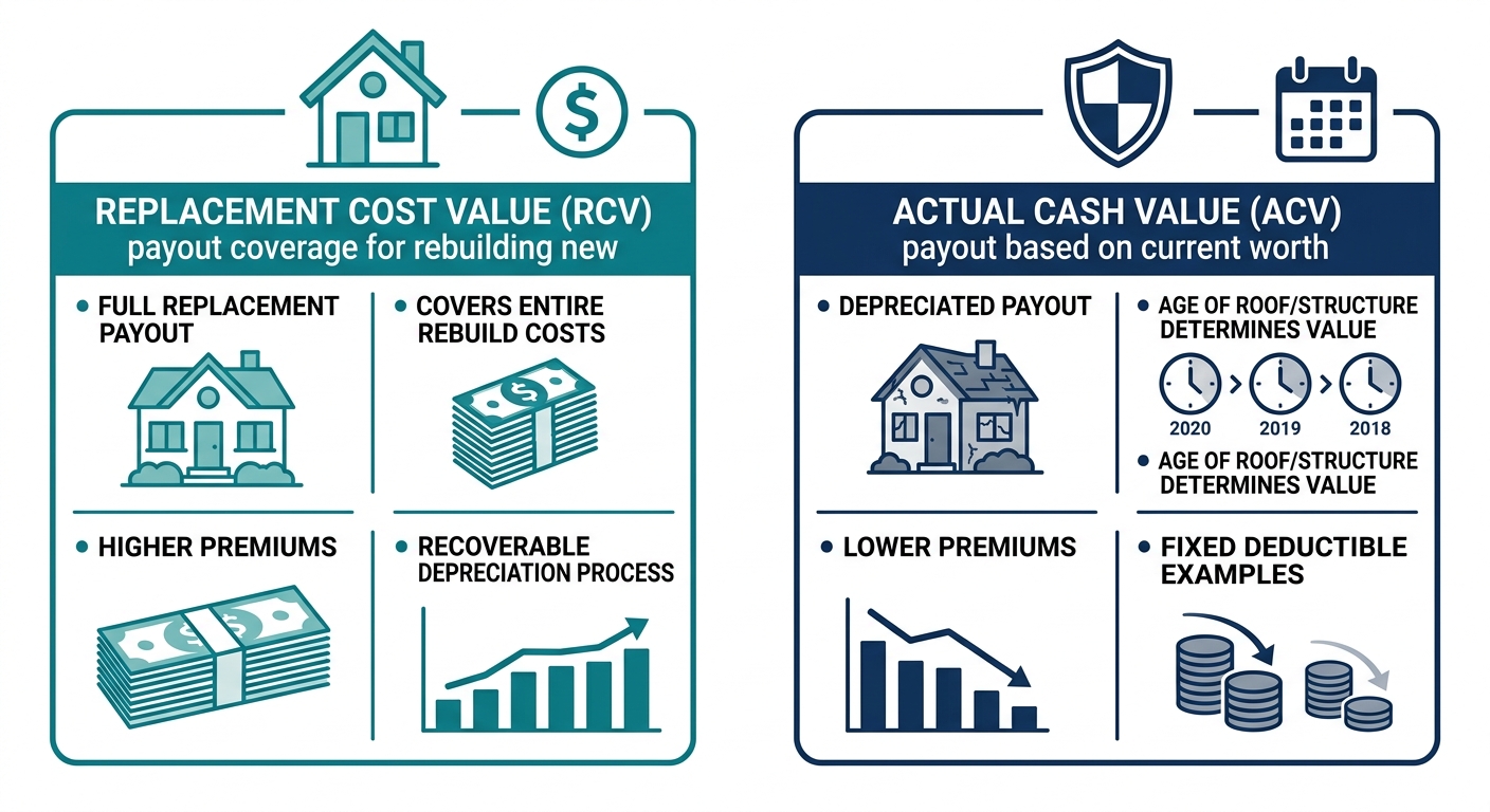Infographic comparing Replacement Cost Value and Actual Cash Value for Texas homeowners insurance claims