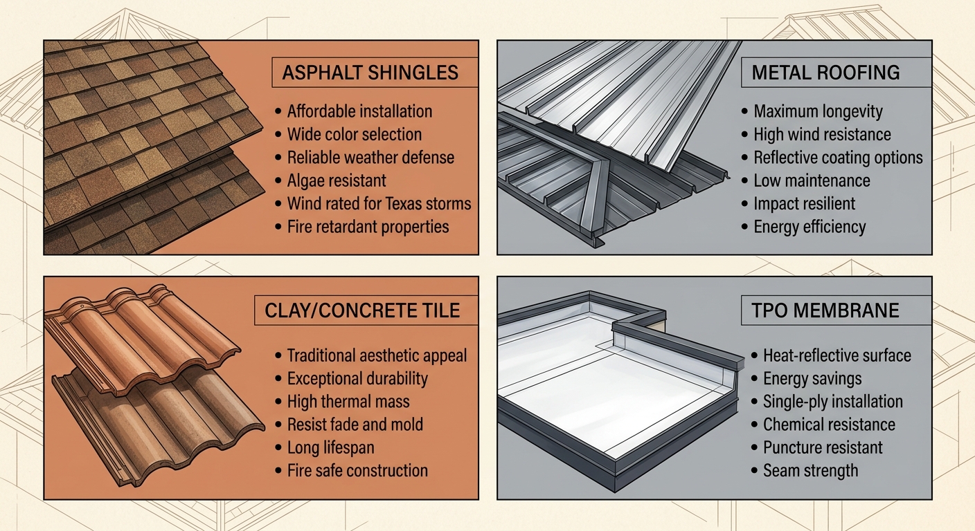 Comparison of roofing materials for San Antonio climate showing asphalt, metal, clay/concrete tile, and TPO with wind, hail, and heat resistance indicators and code compliance marks
