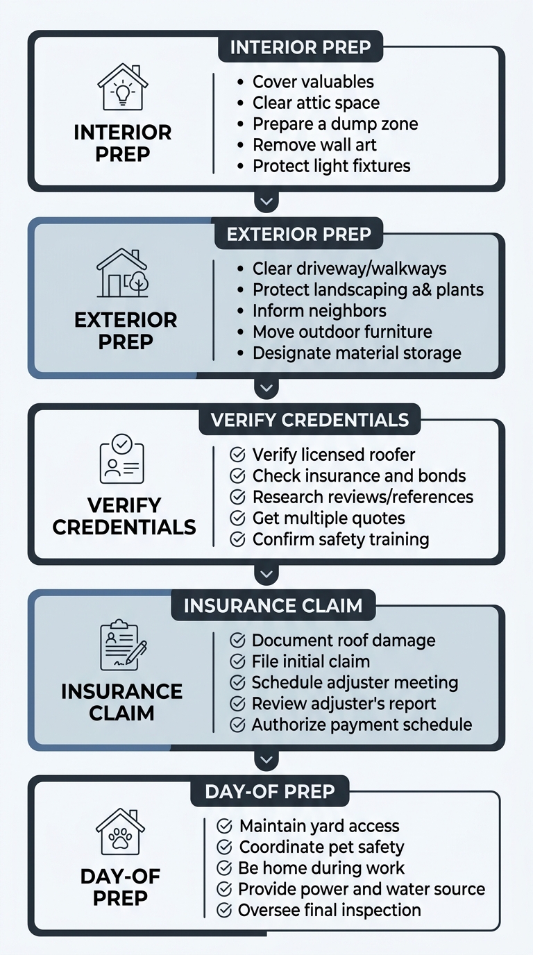 Vertical process flow showing five stages of roof replacement preparation: Interior Prep, Exterior Prep, Verify Credentials, Insurance Claim, Day-Of.