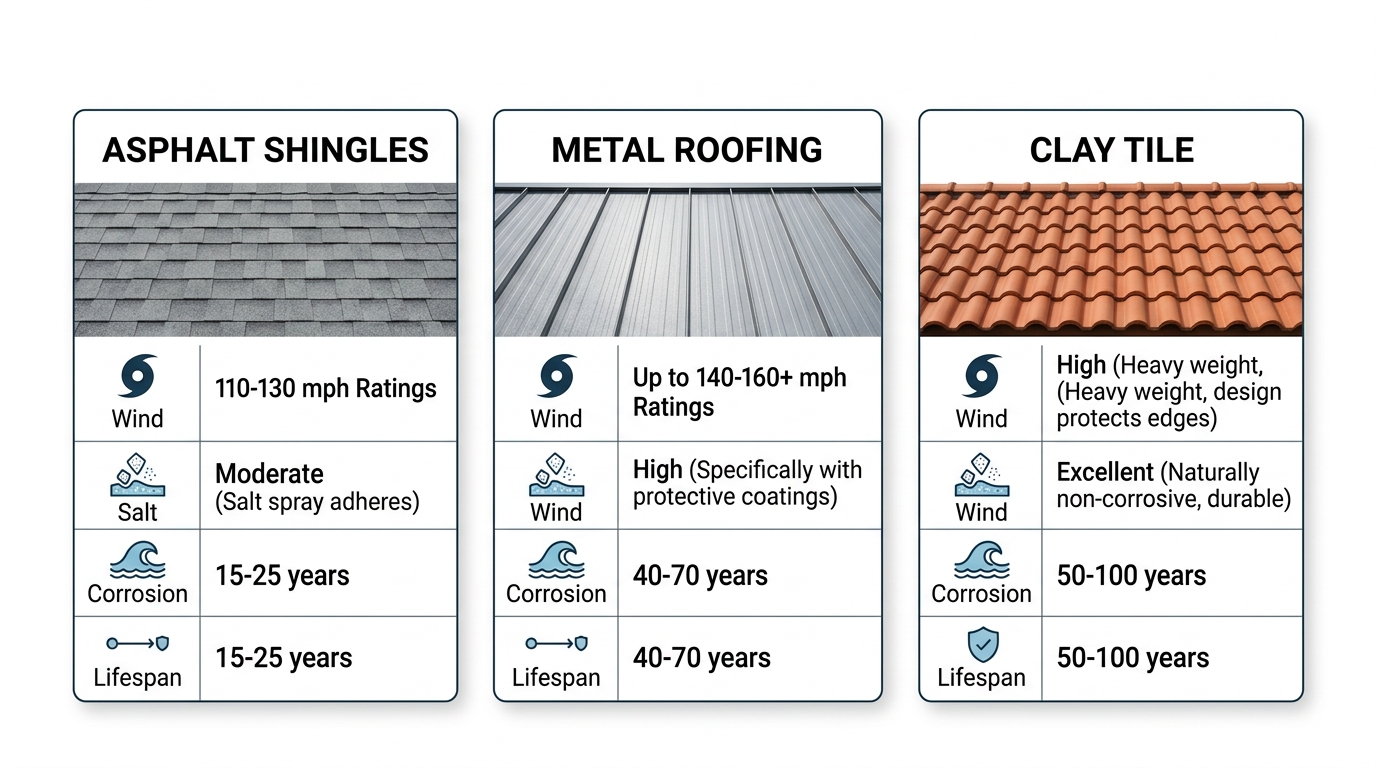 Comparison infographic of roofing materials: asphalt shingles, metal roofing, and clay tile for coastal weather resistance.