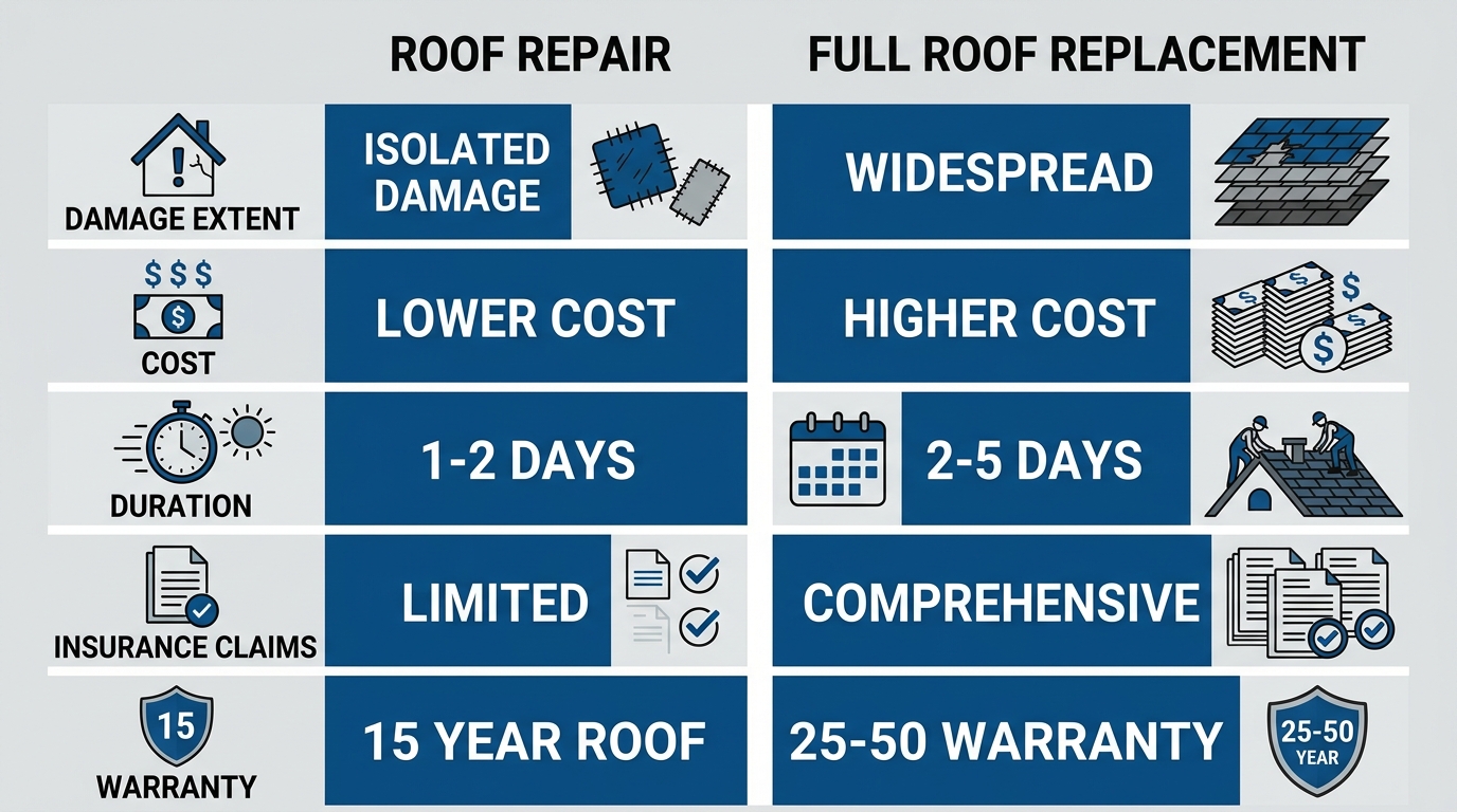 Comparison of roof repair and replacement options for Kingsville Texas homeowners, showing damage extent, cost, duration, insurance, and warranty factors.