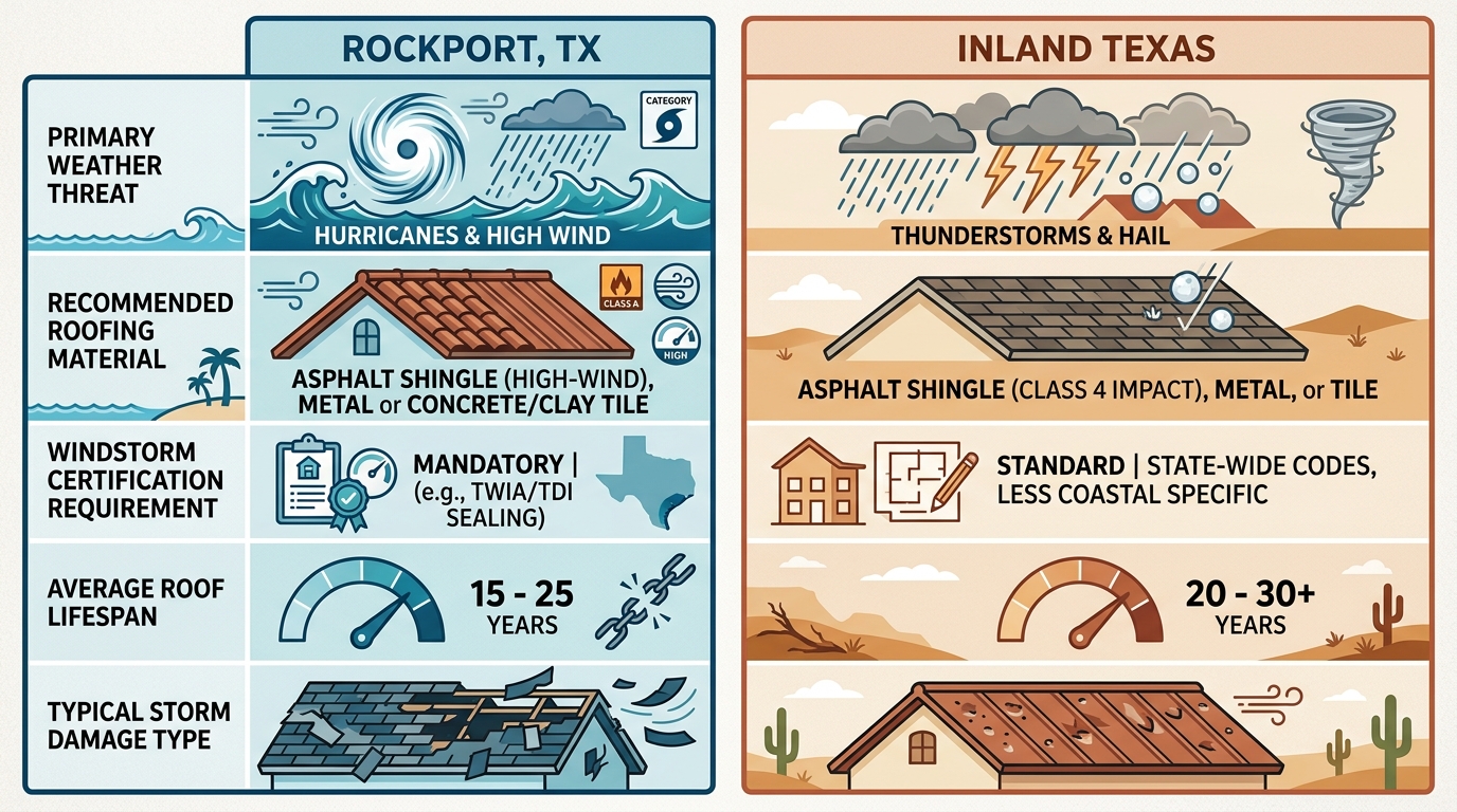Infographic comparing coastal Rockport, TX roofing factors against inland Texas, using blue and earth-tone columns, icons for weather, materials, certification, lifespan, and damage, referencing FEMA and ICC guidelines.