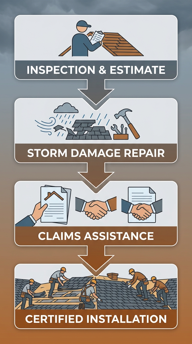 Vertical process flow showing four stages: inspection and estimate, storm damage repair, claims assistance, and certified installation, using a stormy gray to warm brown gradient.