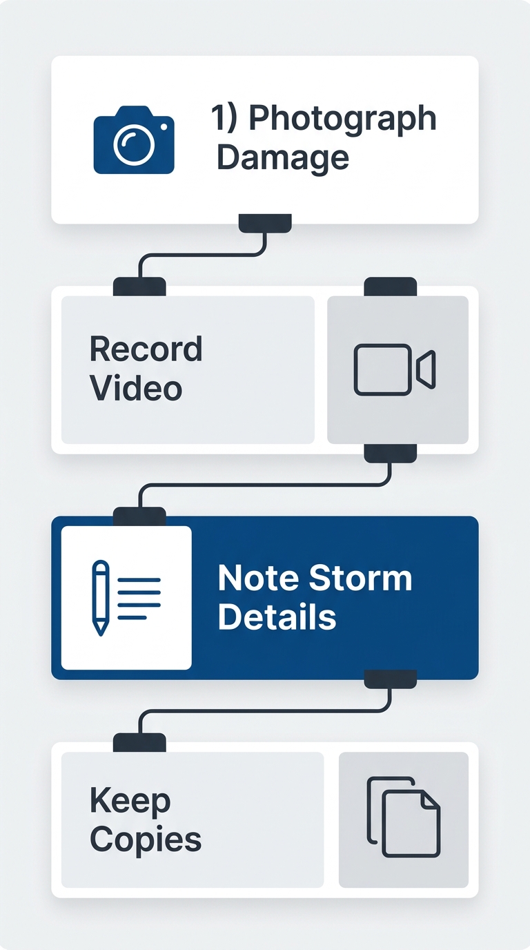 Vertical process flow illustrating four steps for documenting storm damage: photograph damage, record video, note storm details, and keep copies.