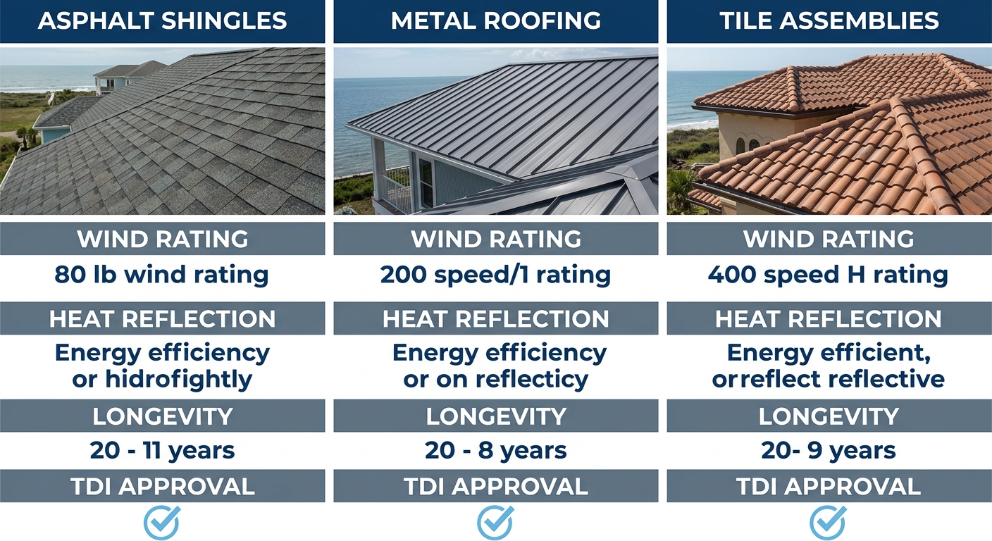 Infographic comparing three Coastal Bend windstorm-approved roofing materials: asphalt shingles, metal roofing, and tile assemblies, showing wind ratings, heat reflection, and longevity with TDI approval checkmarks.