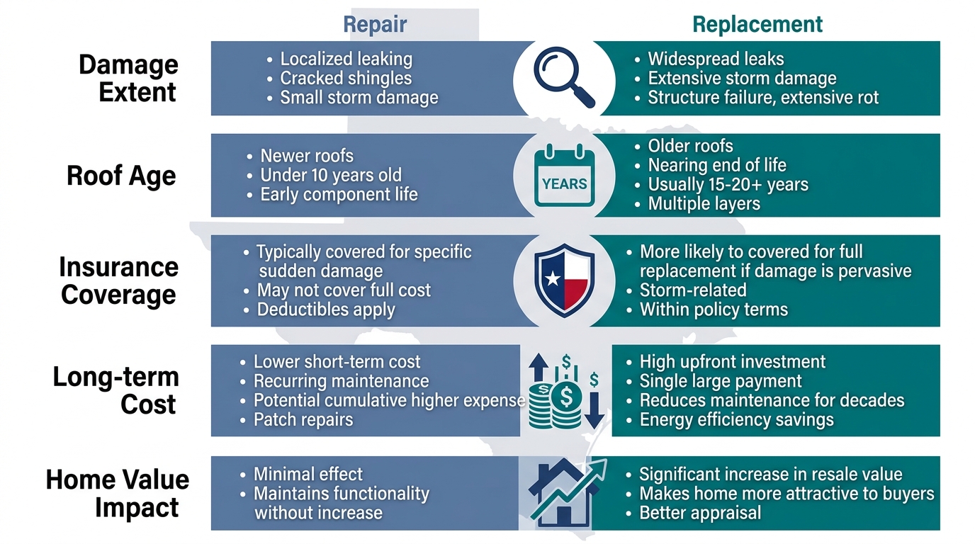 Infographic comparing roof repair versus replacement across five key factors: damage extent, roof age, insurance coverage, long-term cost, and home value impact, with Texas-themed design.