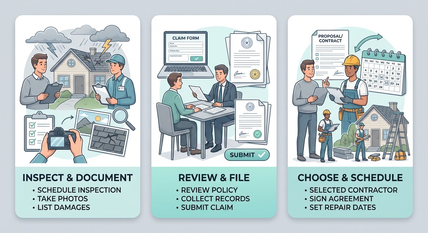 Three-step roof replacement process flow diagram showing Inspect & Document, Review & File, and Choose & Schedule stages