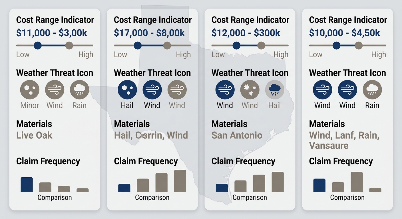 Infographic comparing roof replacement factors like cost ranges, weather threats, materials, and claim frequency across Live Oak, San Antonio, and Victoria.