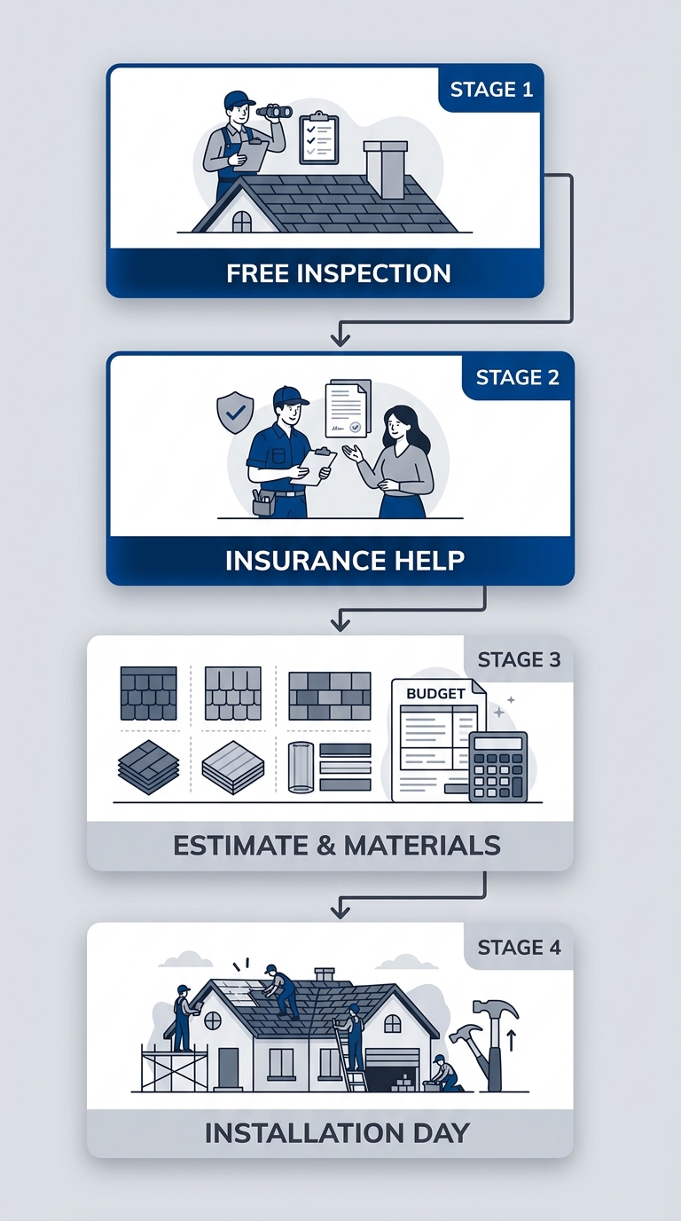 Four-step roof replacement process diagram: Free Inspection, Insurance Help, Estimate & Materials, Installation Day, vertically arranged with blue and gray cards, no title text.