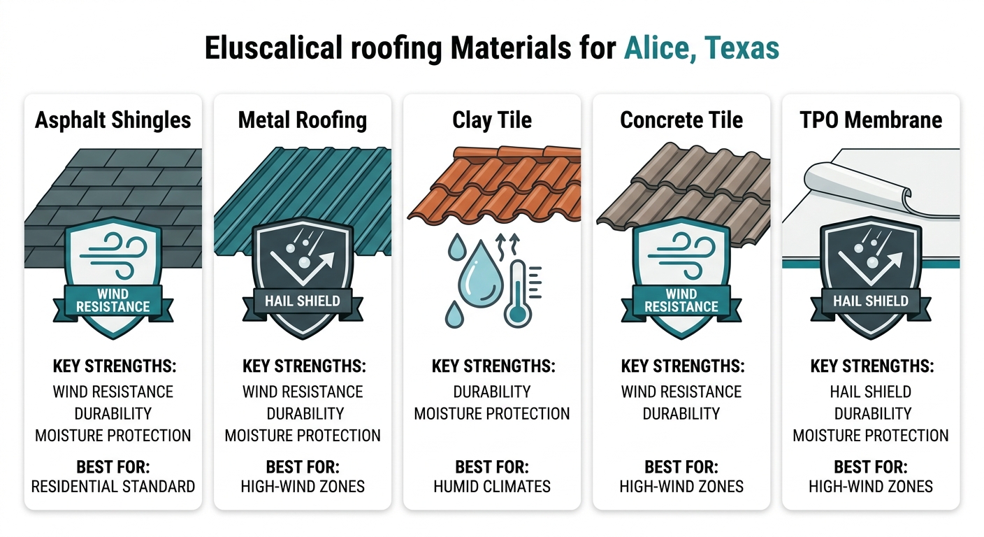 Comparison of five roofing materials for Alice Texas climate: asphalt shingles, metal, clay tile, concrete tile, and TPO with wind resistance, humidity, and hail protection indicators