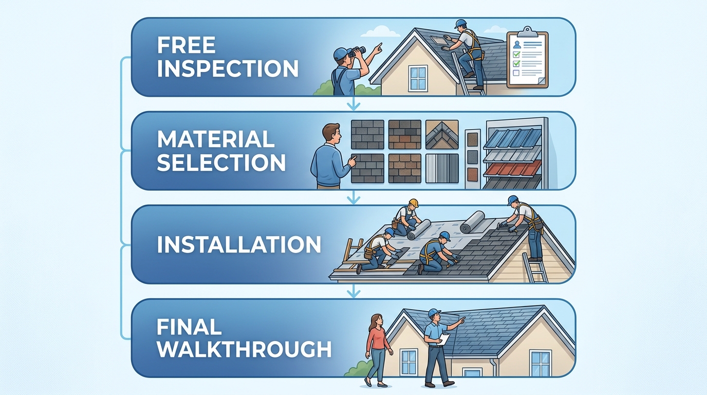 Vertical 4-step roof repair process diagram for Alice Texas homeowners showing free inspection, material selection, installation, and final walkthrough