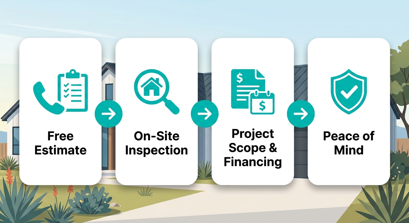 A horizontal four-step process flow showing the stages: Free Estimate, On-Site Inspection, Project Scope and Financing, and Peace of Mind, with connecting arrows and icons, representing a stress-free start to an exterior home improvement project.