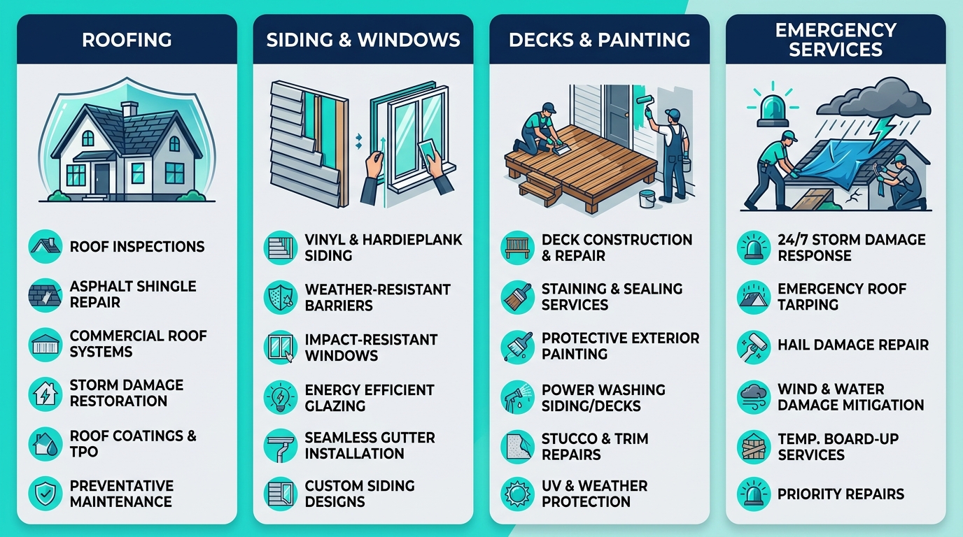 Professional exterior service categories infographic for properties in Converse, Texas.