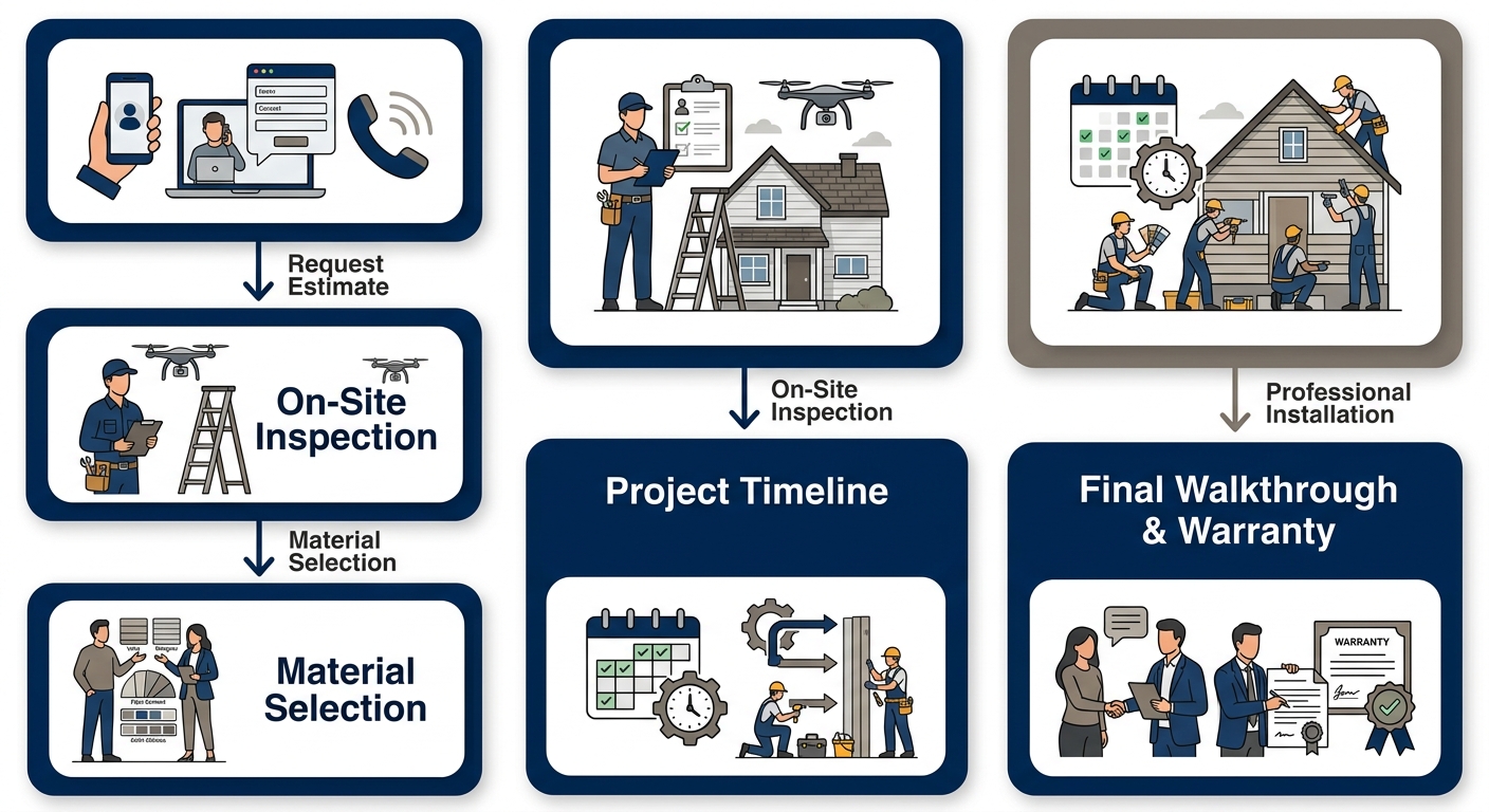 A six-step vertical process flow showing siding project steps from estimate to warranty.