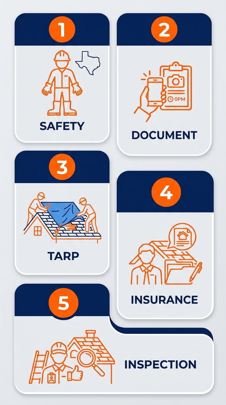 Five-step storm-damaged roof action plan flow diagram for homeowners.