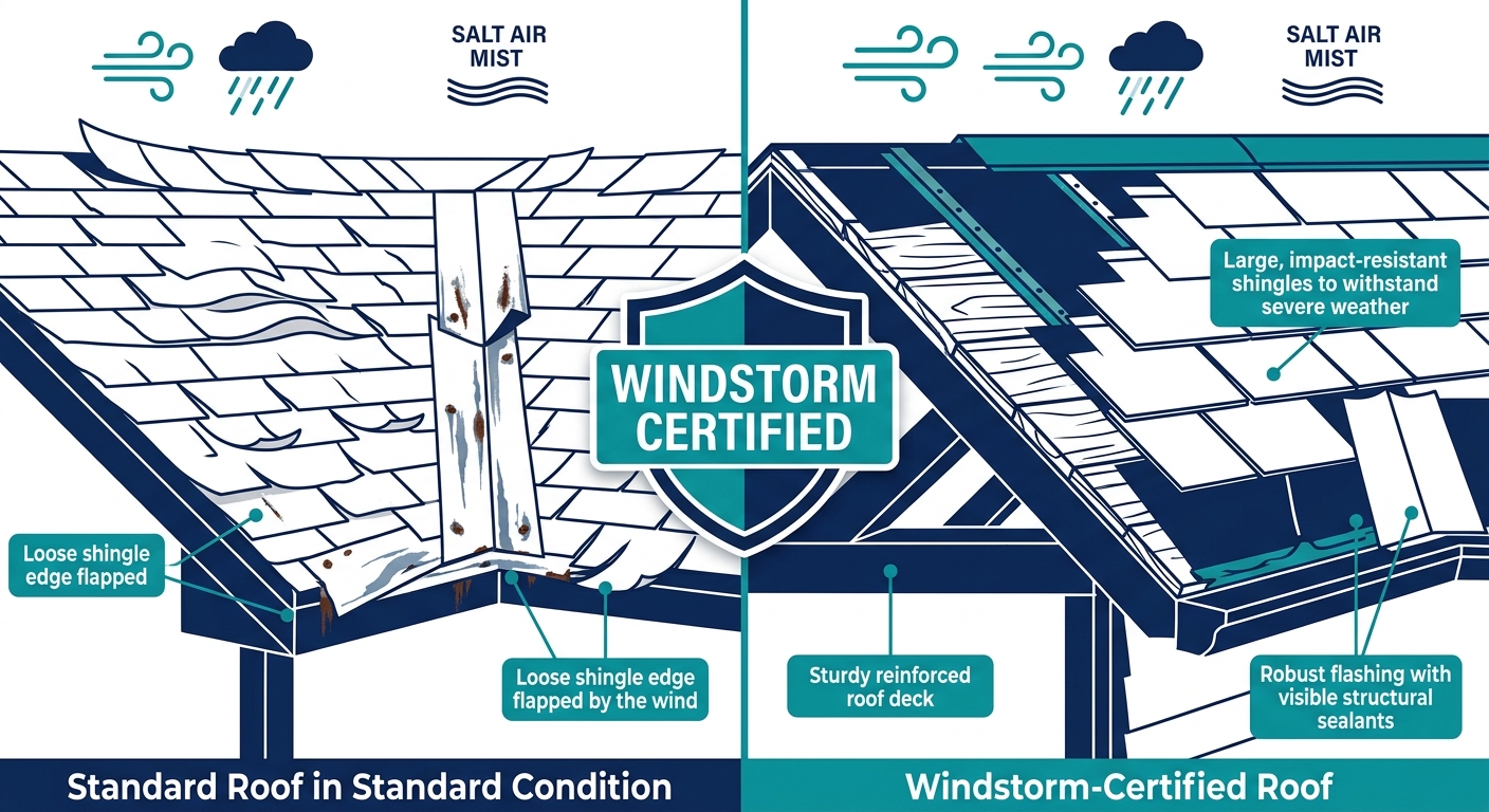 Split-panel infographic comparing a standard roof showing damage like warped shingles and corrosion, versus a windstorm-certified roof with reinforced deck and impact-resistant shingles.