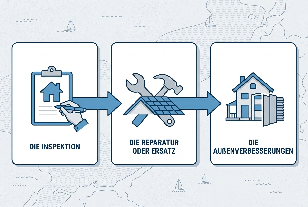 Three-step process flow showing full spectrum roofing and exterior services from inspection to upgrades.
