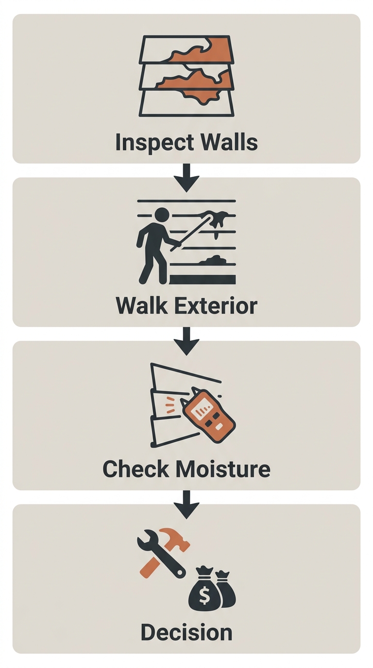 A four-step vertical flow diagram for evaluating whether a home needs siding repair or full replacement, guiding homeowners through inspecting interior walls, walking the exterior, checking for moisture, and a final decision point.