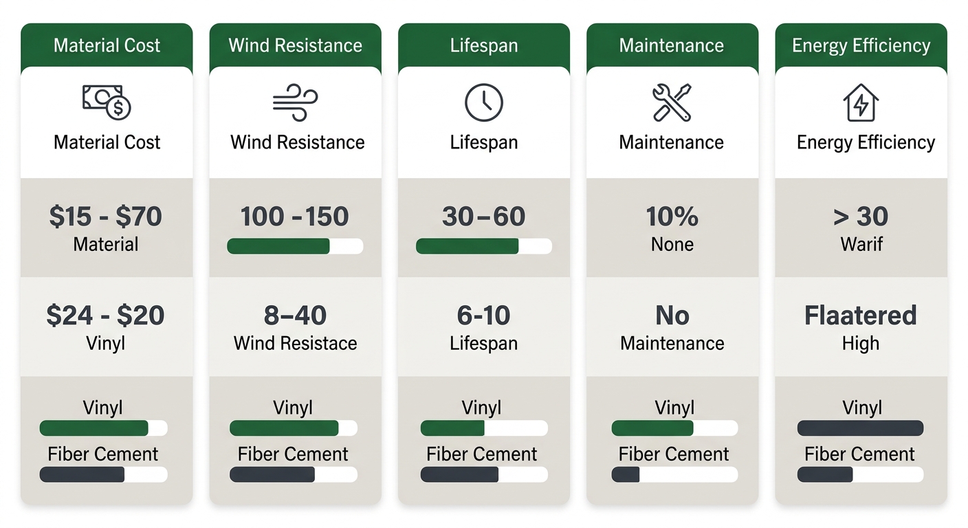Side-by-side comparison bar chart of vinyl versus fiber cement siding attributes for residential exterior planning in Converse, Texas.