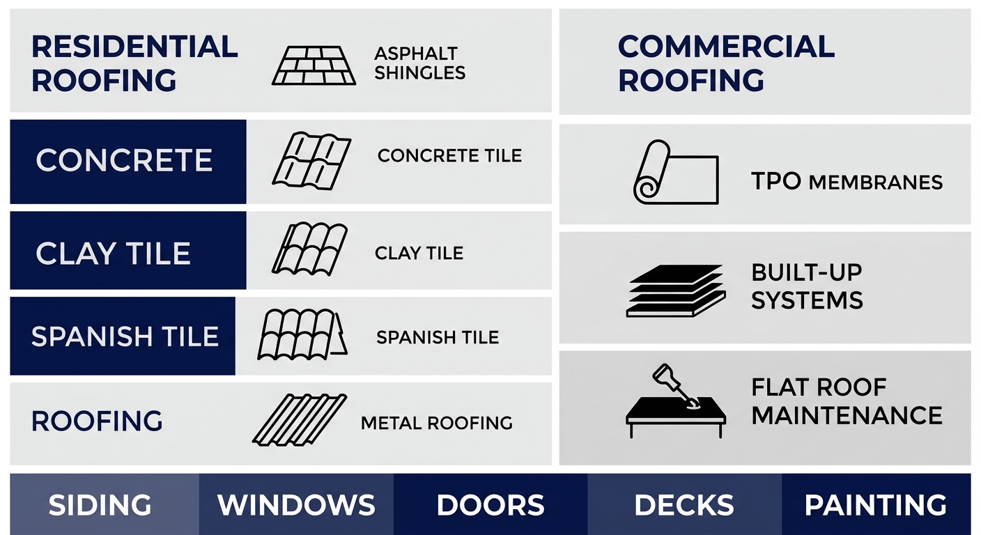 Infographic showing residential versus commercial roofing services offered by Buffalo Roofing & Exteriors with auxiliary exterior services listed below.