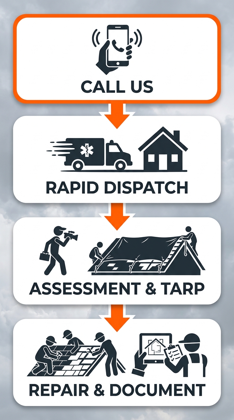 Emergency roof repair process flow showing four stages from call to repair and documentation