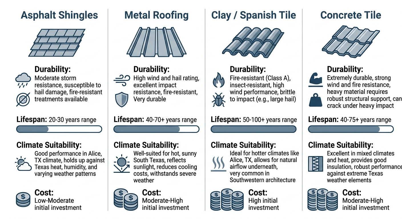 Infographic comparing asphalt shingles, metal roofing, clay tile, and concrete tile for Alice, TX climate, showing durability, lifespan, and cost indicators.