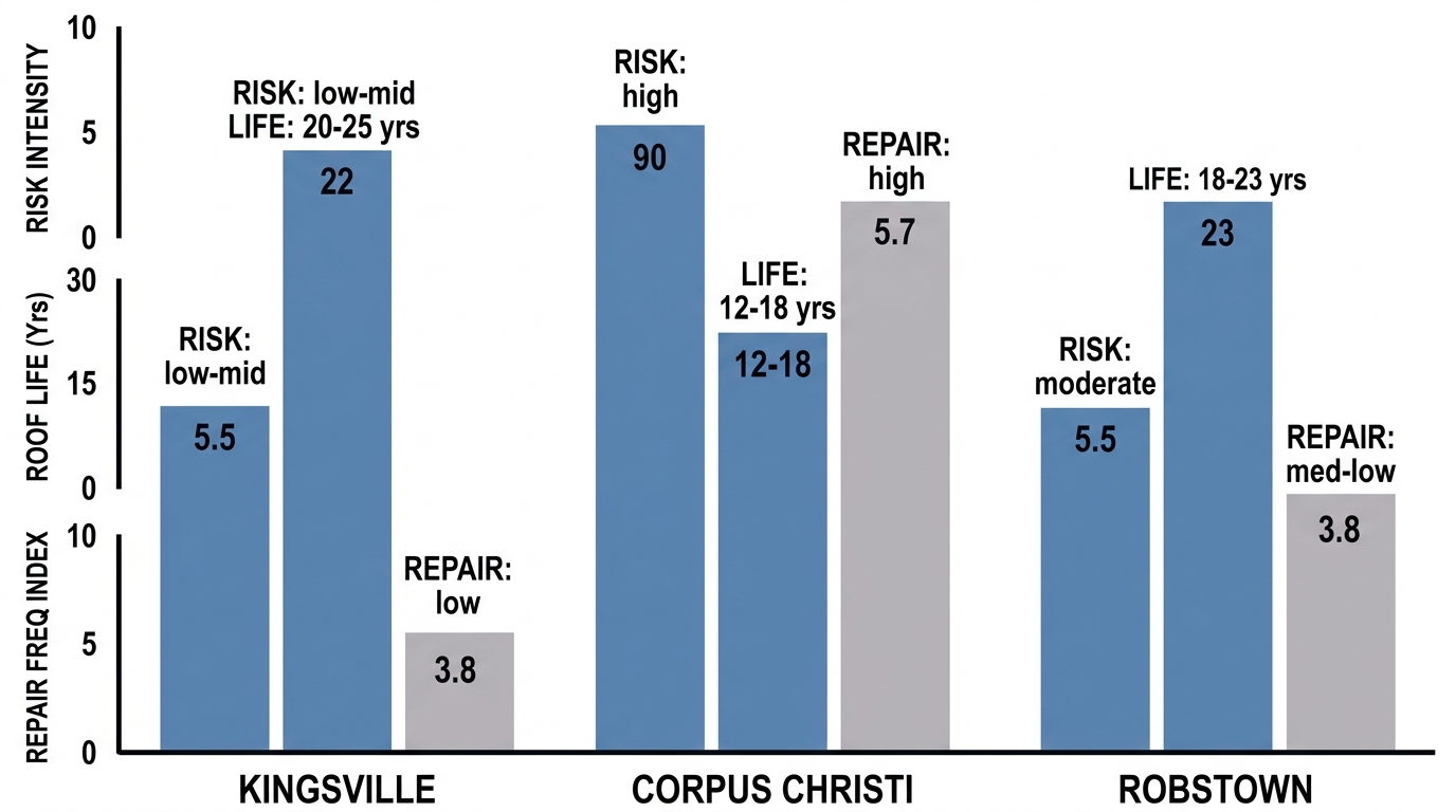 Data visualization comparing roofing risk factors, average roof lifespan in years, and repair frequency indices for Kingsville, Corpus Christi, and Robstown.