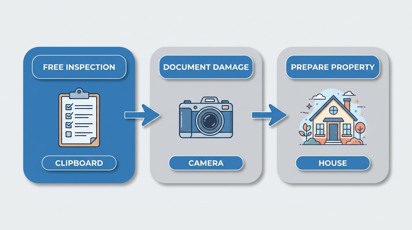 Process flow showing the three main steps to begin a roofing project: free inspection, damage documentation, and property preparation.