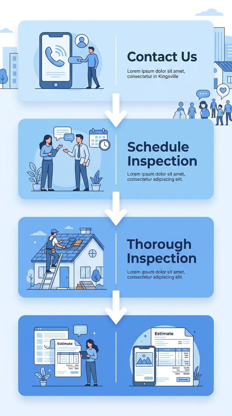 A vertical 4-step process flow diagram showing how to schedule a free roofing estimate in Kingsville, with stages for contacting, scheduling, inspection, and receiving an estimate.