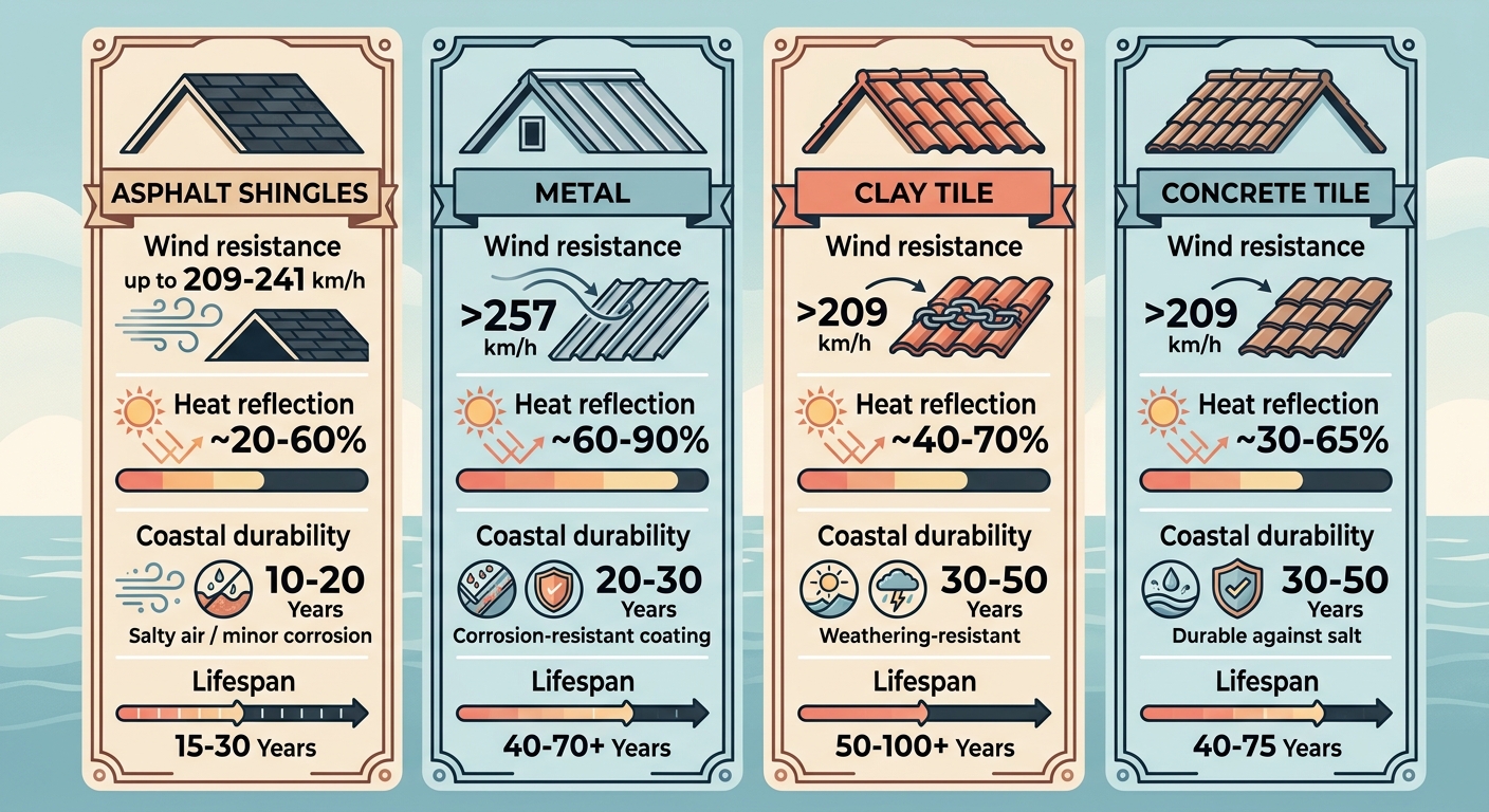 Comparison of asphalt shingles, metal, clay tile, and concrete tile roofing materials for coastal climates, showing wind resistance, heat reflection, coastal durability, and lifespan for each material.