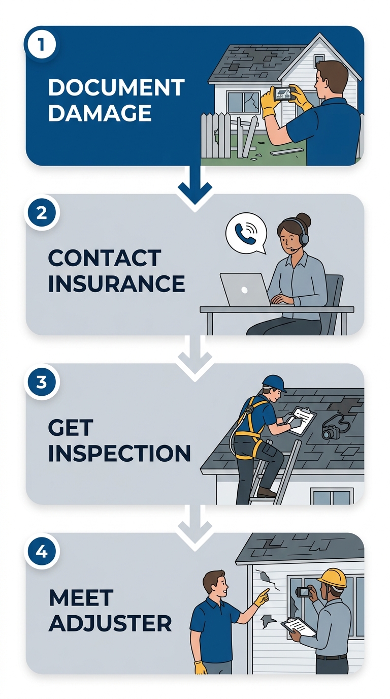 Four-step insurance claim process for storm-damaged siding: document damage, contact insurance, get professional inspection, meet adjuster.