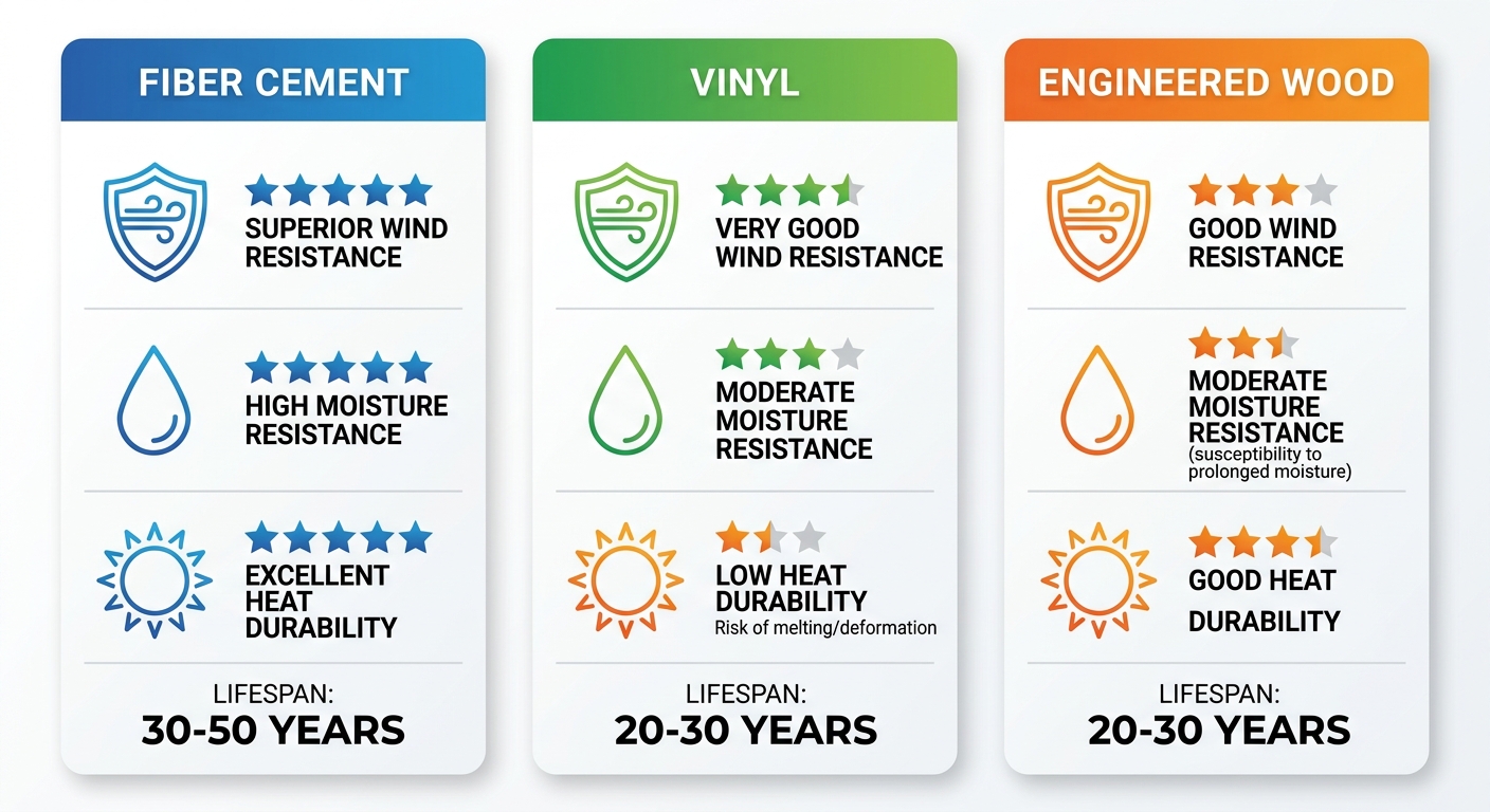 Comparison of three siding materials: fiber cement, vinyl, and engineered wood, showing ratings for wind resistance, moisture resistance, heat durability, and lifespan in years, using blue, green, and orange colors.