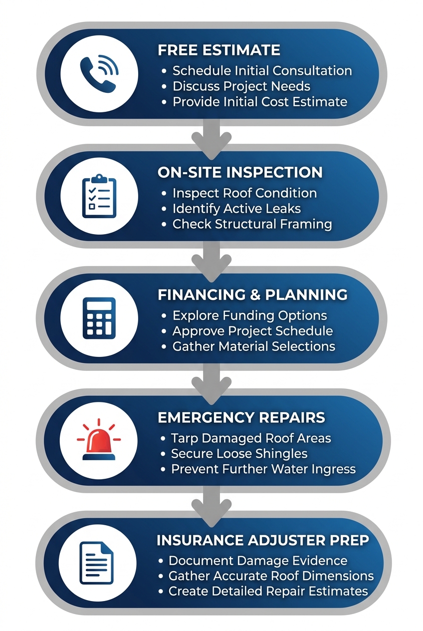 Five-step vertical process flow for a roofing project: Free Estimate, On-Site Inspection, Financing and Planning, Emergency Repairs, and Insurance Adjuster Preparation.