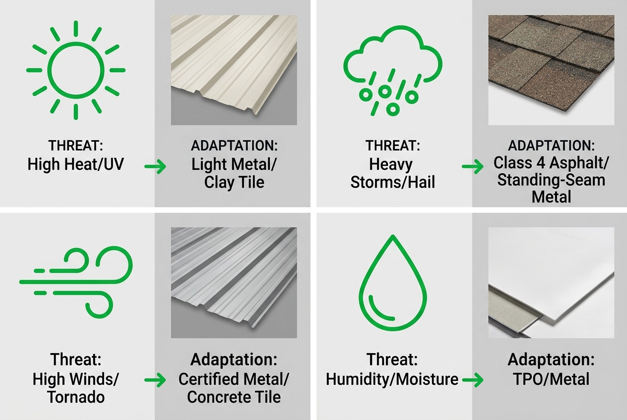 A four-part infographic comparing Live Oak climate threats--heat, hail, wind, humidity--to recommended roofing materials with icons and material swatches, using green accents on a soft gray background.